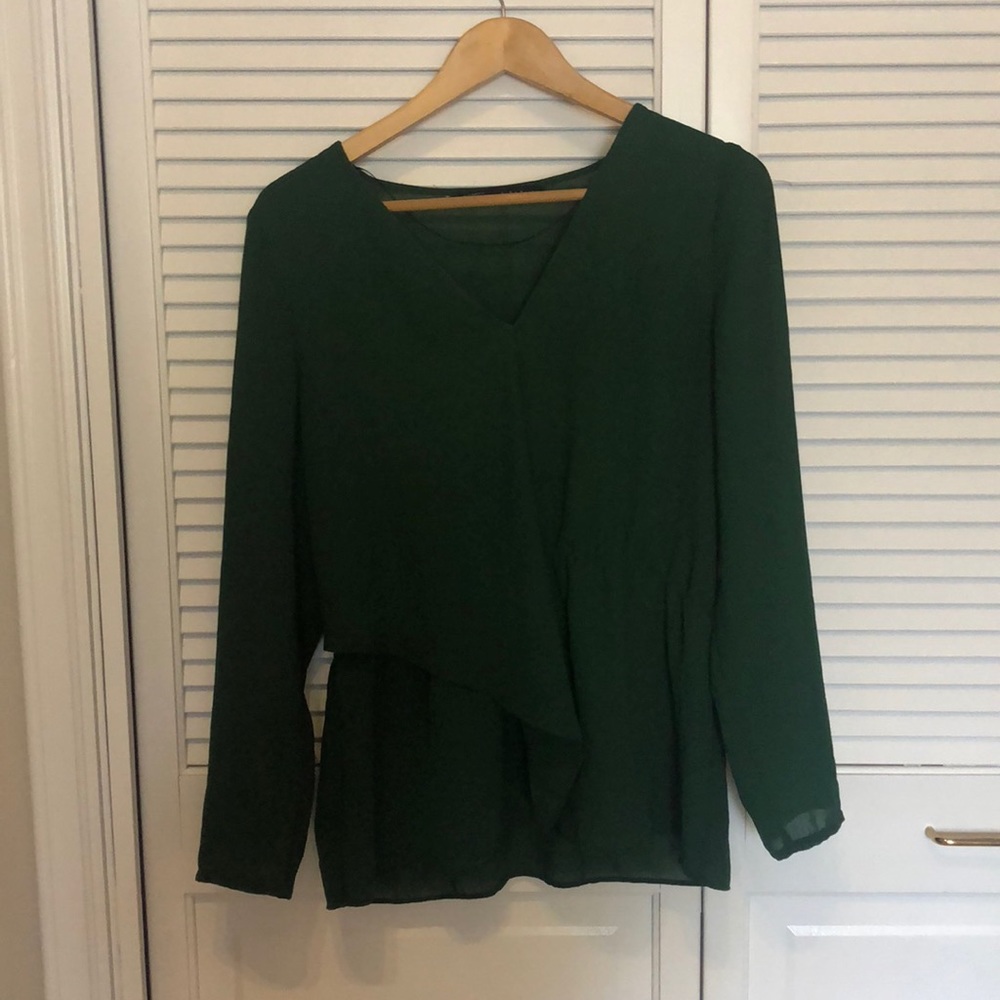 Sheer V neck long sleeve blouse w ruffle detail